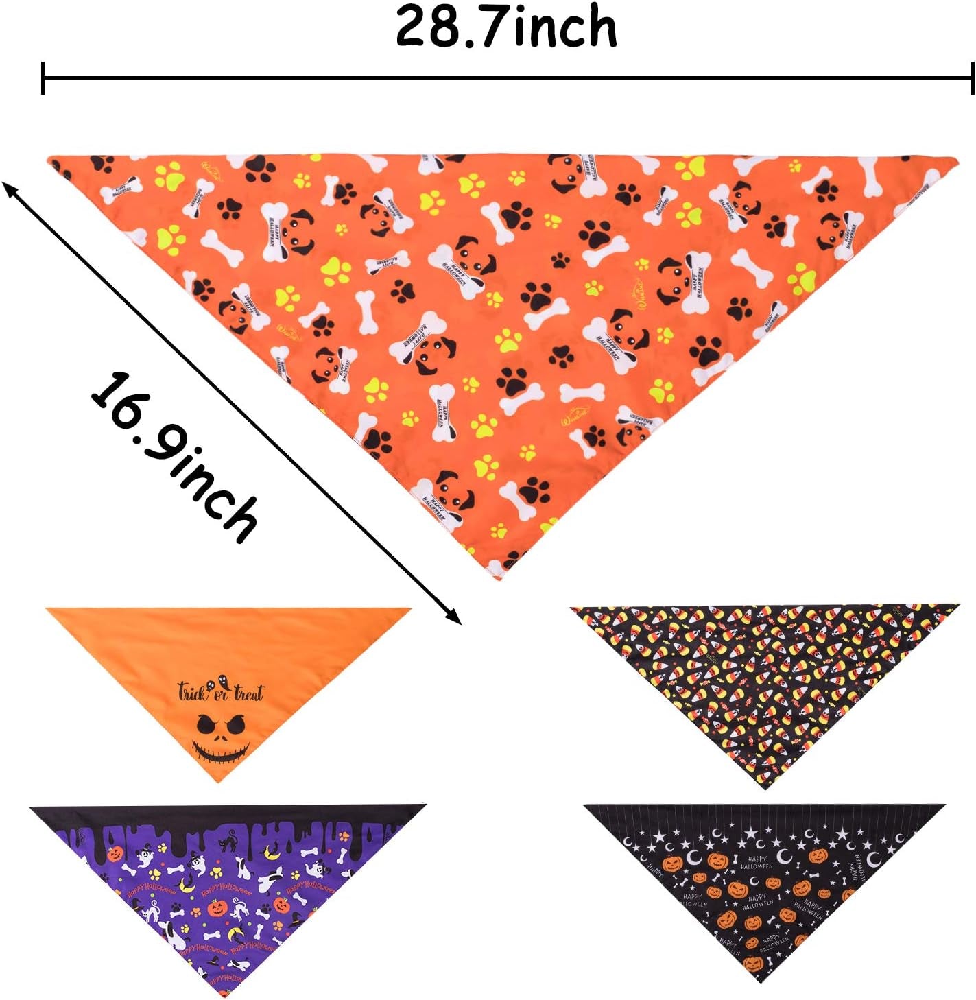 5 Pack Halloween Dog Bandanas, Triangle Pet Scarfs Washable Pet Neckerchief Dog Bibs, Pumpkin, Ghost, Candy Corn and Bones Pet Bandanas Medium