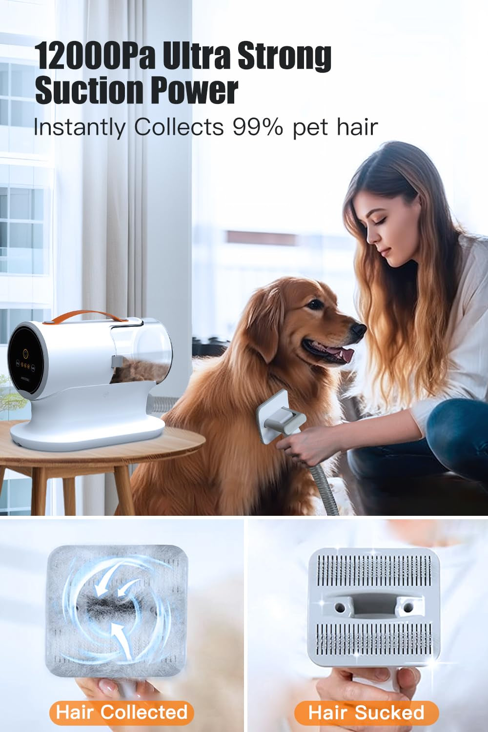 Powerful Pet Vacuum for Grooming - 12000Pa Suction, 2L Dust Cup, Low Noise, 3 Levels, 5 Grooming Tools