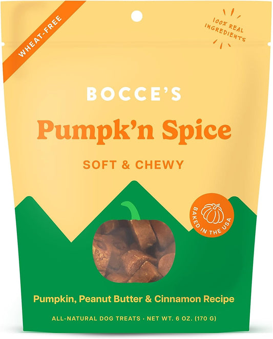 Bocce’S Bakery Pumpk'N Spice Treats for Dogs, Wheat-Free Everyday Dog Treats, Made with Real Ingredients, Baked in the USA, All-Natural Soft & Chewy Cookies, Pumpkin, Peanut Butter, & Cinnamon, 6 Oz