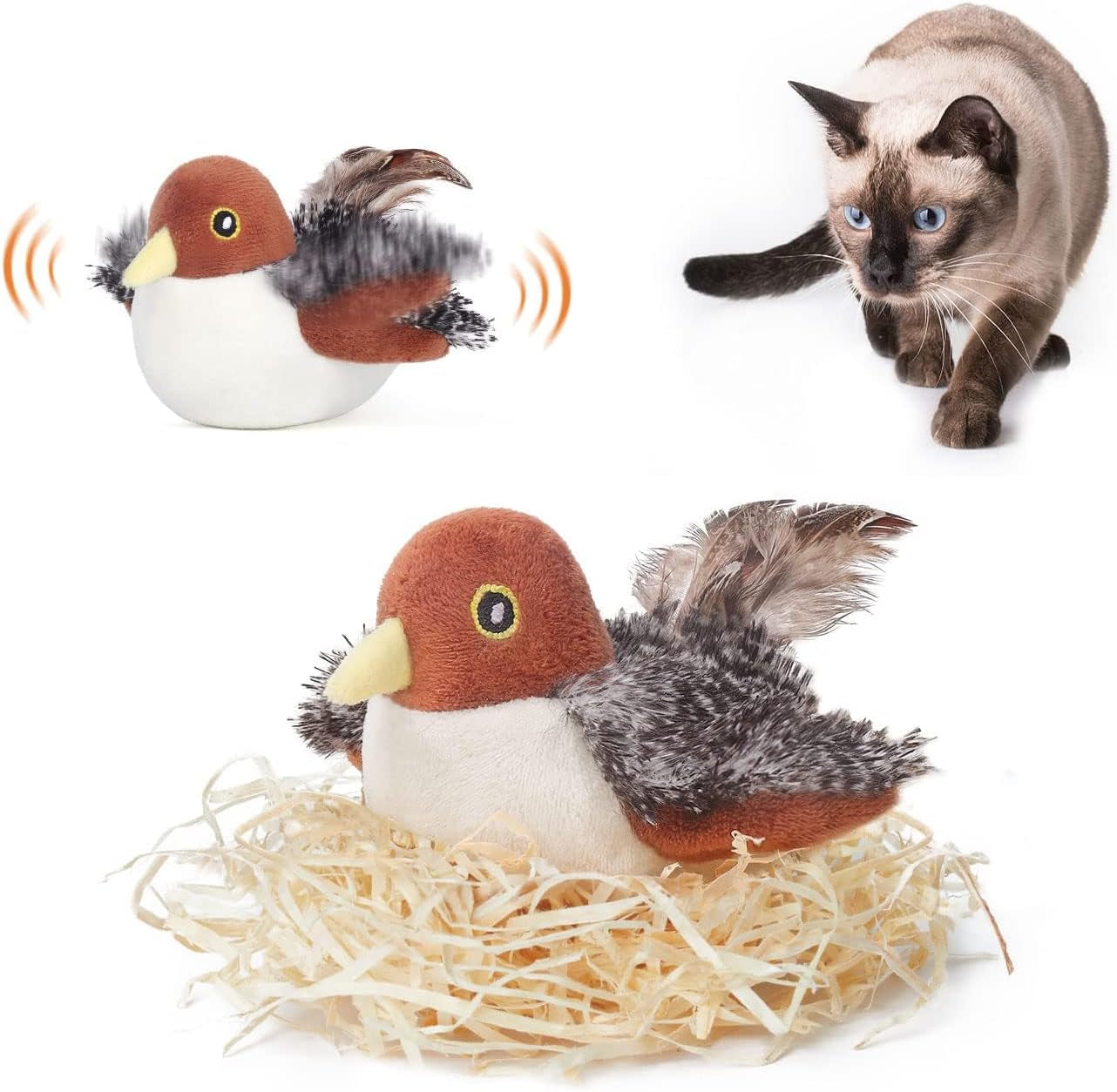 Cat Toys Flapping Bird Sparrow (No Flying) Rechargeable, Lifelike Chirp Tweet, Interactive Touch Activated Kitten Exercise for All Breeds, Cat Kicker Catnip Toys 4.0 Inches