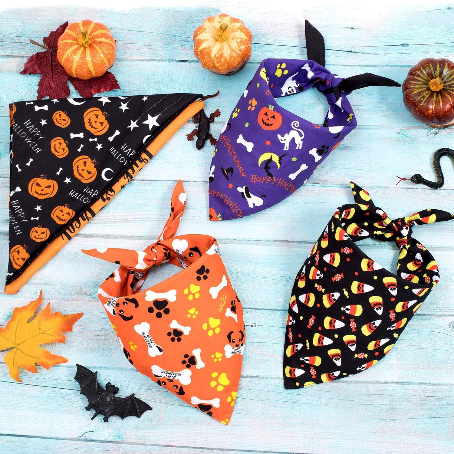 5 Pack Halloween Dog Bandanas, Triangle Pet Scarfs Washable Pet Neckerchief Dog Bibs, Pumpkin, Ghost, Candy Corn and Bones Pet Bandanas Medium