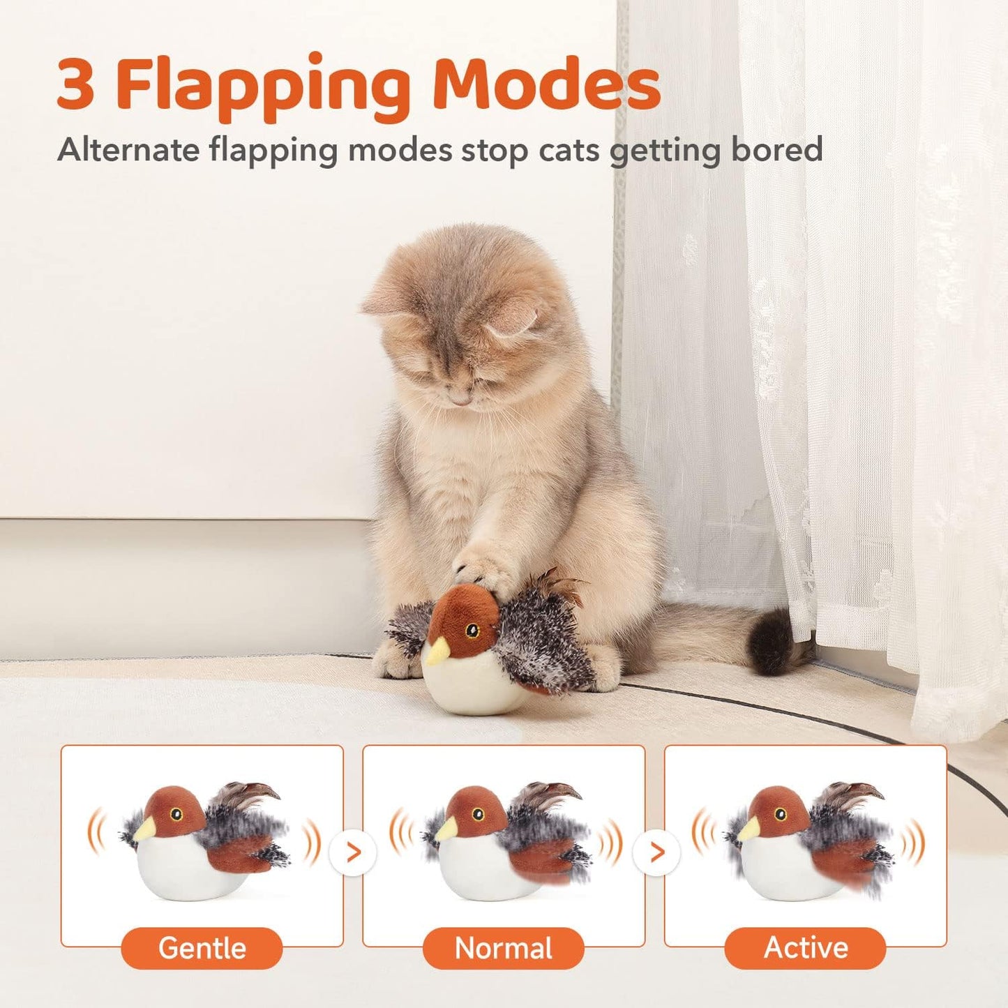 Cat Toys Flapping Bird Sparrow (No Flying) Rechargeable, Lifelike Chirp Tweet, Interactive Touch Activated Kitten Exercise for All Breeds, Cat Kicker Catnip Toys 4.0 Inches