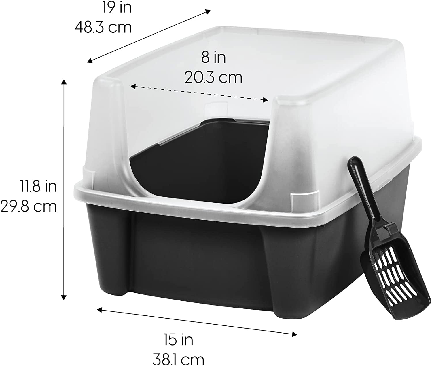 USA Large Cat Litter Box with Scatter Shield and Scoop, Open Top High Sided Cat Litter Pan, Black