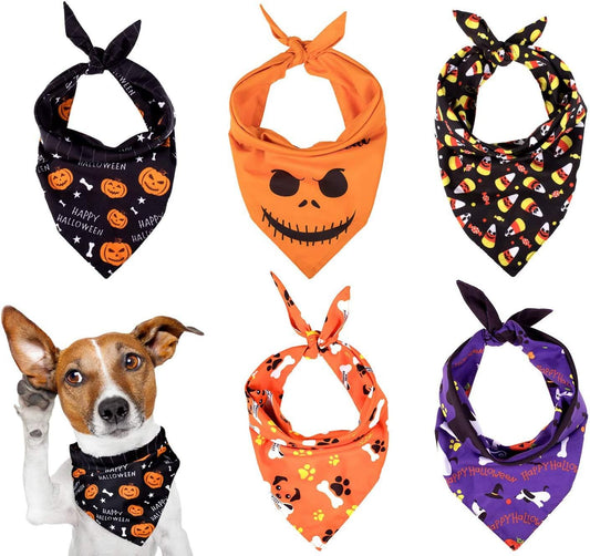 5 Pack Halloween Dog Bandanas, Triangle Pet Scarfs Washable Pet Neckerchief Dog Bibs, Pumpkin, Ghost, Candy Corn and Bones Pet Bandanas Medium